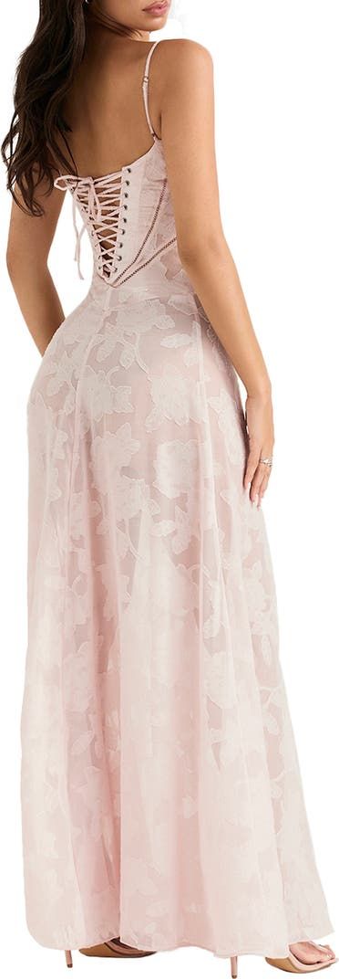 HOUSE OF CB Seren Blush Lace-Up Back Gown | Nordstrom Blush Pink Dress Formal, Corset Formal Dress, Lamé Fabric, Light Pink Floral Dress, Embellished Flowers, Pink Dinner, Abigail Dress, Beach Holiday Dresses, Sheer Lace Dress