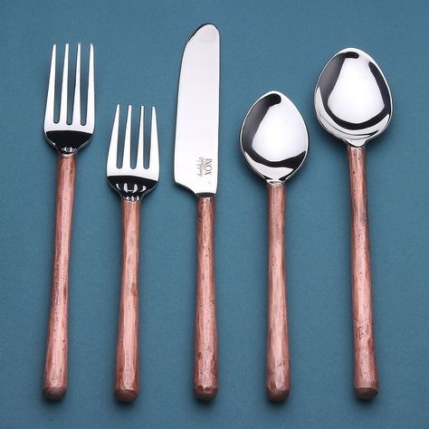 Camellia Copper Antique 20 Pc. Flatware Set (Serves 4) - Bed Bath & Beyond - 33696783 Copper Flatware, Housewares Design, Silver Room, Table Knife, Gold Flatware, Dinner Fork, Place Setting, Flatware Set, Holiday Gathering