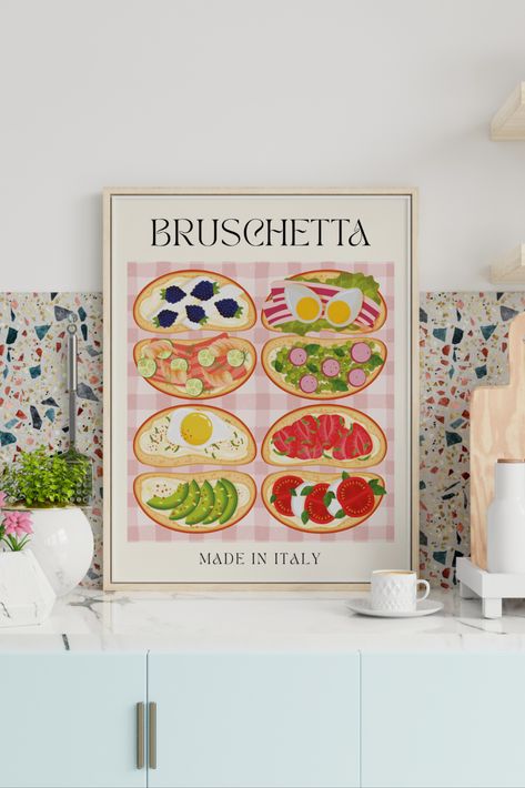 A beautiful illustration of bruschettas with different toppings (cheese with blackberries, bacon & eggs, salmon & shrimp, broad beans, eggs, tomato & cheese, and avocoado) a stripped table cloth with pastel shades of pink. This art print is the perfect modern touch to your kitchen & home or as a gift for your foodie friend. #toasttypes #bruschetta #bruschettatypes #avocadotoast #foodprint #foodposter #kitchenposter #restaurantprint #restaurantposter #italiancuisine #italyposter #italianposter Dining Room Decor Diy, Italian Prints, Avocado Eggs, Red Prints, Modern Kitchen Art, Bruschetta Toppings, Food Italian, Broad Beans, Restaurant Poster