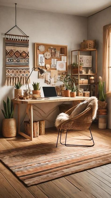 Boho Art Studio, Bohemian Home Office, Feminine Home Office, Library Rooms, Boho Desk, Bohemian Office, Hippie Bedroom Decor, Office Boho, Feminine Home