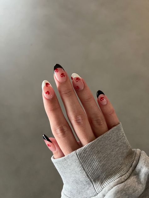 Black And White And Red Nails, French Tip Heart Nail Designs, White Red Black Nails, White Red And Black Nails, Black French Tip Nails With Heart, Black French Tip Nails With Red Heart, Red White And Black Nails Design, Black Heart French Tips, Red Nails With Black Heart