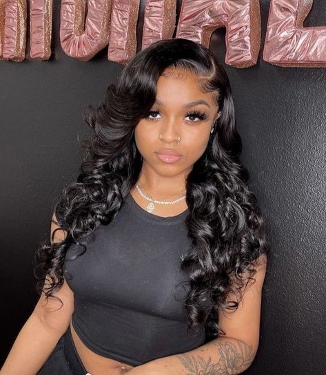 Sew In Hairstyles With Curls, Deep Side Part Body Wave Wig, Lace Front With Curls, Deep Side Part Wig With Curls, Frontal Wig With Curls, Sew In With Curls, Side Part Wig With Curls, Side Part With Curls, Blonde Highlights On Dark Hair