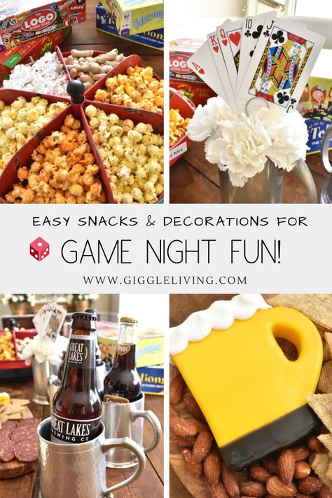 Game day snack and decoration ideas!  Fun for any game inspired party or night in with family or friends! See the easy ideas! #gamenight #partyideas Game Night Theme Party Decorations, Game Night Ideas Decorations, Family Game Night Food, Game Night Decorations, Game Night Snacks, Game Night Food, Ski Weekend, Couples Game Night, Simple Snacks