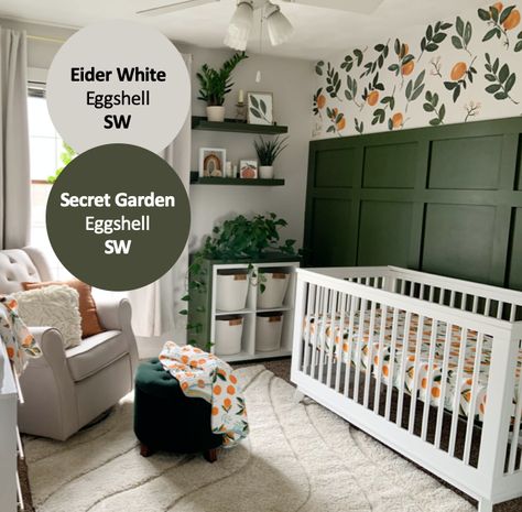 Orange Green Nursery, Orange Theme Nursery, Clementine Baby Nursery, Green Nursery Paint Colors, Green And Orange Nursery, Orange Nursery Ideas, Peaches Nursery, Green And Yellow Nursery, Clementine Nursery