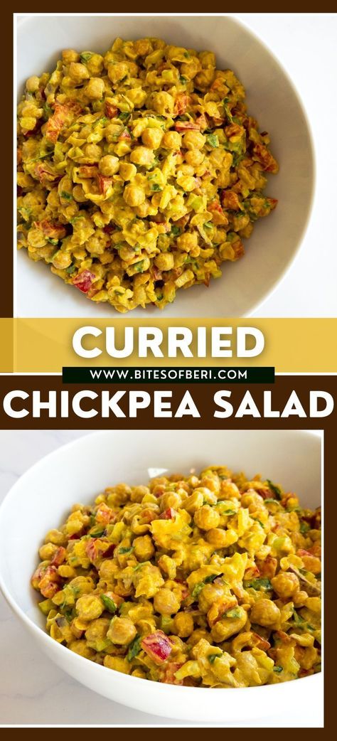 This curried chickpea salad is perfect for a quick, healthy, and delicious lunch or dinner! It combines chickpeas with fresh veggies and an amazing curry yogurt sauce! Served as a wrap or sandwich, this curried chickpea salad makes for a filling and nutritious meal. Vegan Chickpea Curry Salad, Lunches With Chickpeas, Chickpea Salad Recipes Vegan, Chickpea Salads For Lunch, Chickpea Potato Salad, Vegetarian Lunch Ideas Chickpea, Best Chickpea Salad Recipe, Curried Chickpea Salad Recipe, Chopped Chickpea Salad