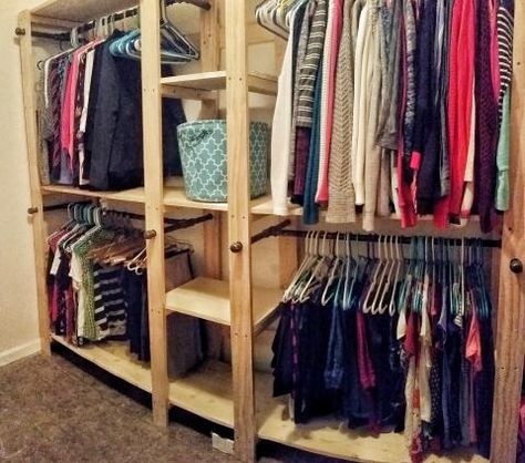 Modified for double hanging Stand Alone Closet, Standing Wardrobe, Closet Redesign, Wood Closet Shelves, Closets Ideas, Closet Makeover Diy, Standing Closet, Family Closet, Basement Organization