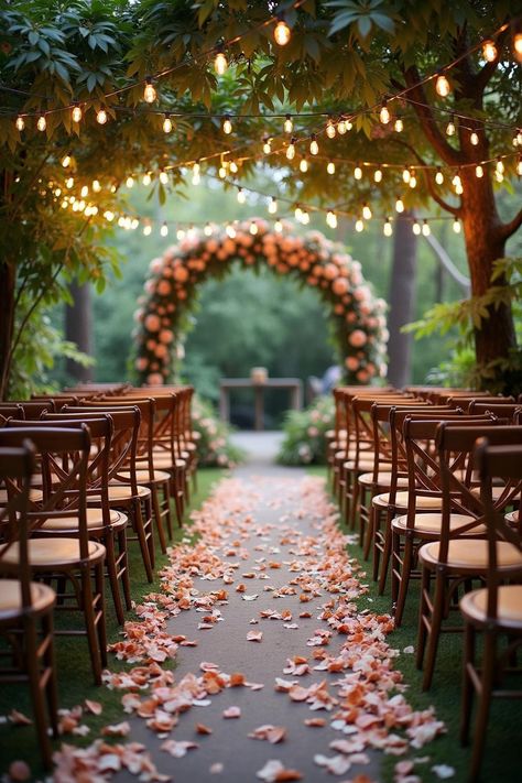 Garden wedding aisle with string lights and flower petals. Unlock a secret garden of enchanting wedding decor ideas that promise to transform your venue into a dreamy, botanical paradise. September Garden Wedding, Garden Wedding Decor Ideas, Garden Wedding Aisle, Ethereal Garden Wedding, Enchanted Wedding Decor, Garden Wedding Decor, Ethereal Garden, Garden Wedding Ideas, Enchanting Wedding