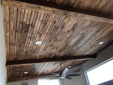 Dark Stain Tongue And Groove Ceiling, Tongue And Groove Ceiling With Can Lights, Tongue And Groove Ceiling Stain Colors, Pop Groove Ceiling Design, Pine Tongue And Groove Ceiling Stain, Tongue And Groove Ceiling Over Popcorn, Stained Beadboard Ceiling, Stained Beadboard, Knotty Pine Ceiling