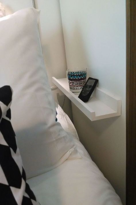 Or you can always use a tiny shelf as a nightstand. | 19 Genius Storage Ideas That'll Make Your Tiny Bedroom Feel Big Organization Hacks Bedroom, Small Nightstand, Tiny Bedroom, Night Stand, Organization Bedroom, Small Space Living, Bedroom Storage, New Room, Small Apartments