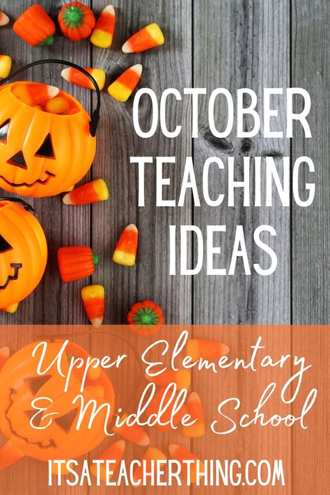 You'll love these 7 actionable October teaching ideas to reduce the challenge of Halloween in the classroom. Learn easy tips to build relationships with your students and to set the mood for an engaging, productive classroom environment. I've linked my favorite Halloween stories, Halloween lesson ideas, and just plain, simple tips to reduce the frenzy and maintain your sanity. Keep your 5th grade, 6th grade, 7th grade, and 8th grade students motivated & learning right up to Halloween. Thanksgiving Ela, October Lesson Plans, Halloween Lesson Plans, October Lessons, Halloween Lesson, October Ideas, Middle School Lesson Plans, Middle School Lessons, Halloween Stories