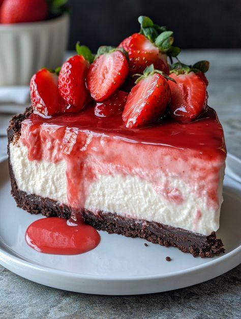 Cheesecake Delight 🍨  🍓 𝗜𝗻𝗴𝗿𝗲𝗱𝗶𝗲𝗻𝘁𝘀 🍓 Chocolate Crust: 2 cups graham cracker crumbs 🍪 1/4 cup unsweetened cocoa powder 🍫 1/2 cup melted butter 🧈 Strawberry Cheesecake Filling: 3 (8 oz) packages cream cheese, softened 🧀 1 cup powdered sugar 🧁 1/2 cup fresh strawberry puree 🍓 1 tsp vanilla extract 🍨 1 cup heavy whipping cream, whipped 🍶 Garnish: Fresh strawberries 🍓 Strawberry Chocolate Cheesecake, Chocolate Strawberry Cheesecake, Japanese Dessert Recipes, Chocolate Crust, Yummy Chicken Recipes, Food Obsession, Cheesecake Recipes, Pretty Food, Yummy Cakes