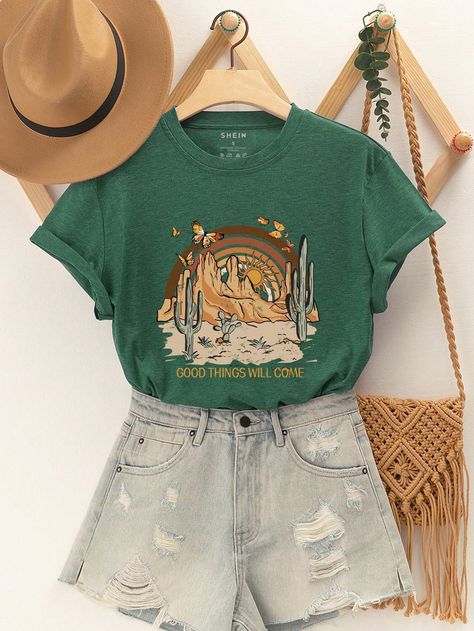 Army Green Casual Collar Short Sleeve Fabric Animal,Graphic,Letter,Plants,Slogan  Embellished Slight Stretch All Women Clothing Thrift Inspo Summer, Jade Fashion, Cute Converse Shoes, Cute Ripped Jeans, Florida Outfits, Thrift Inspo, Cute Shirt Designs, Animal Graphic, Fashionista Clothes