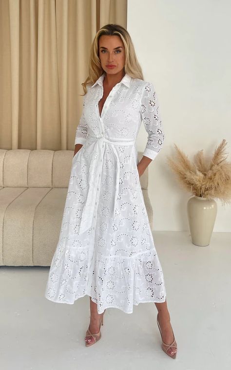 Michelle Broidery Shirt Maxi Dress White by Girl In Mind Maxi White Dress, Design Camino, Shirt Maxi Dress, Denim Playsuit, Maxi Dress White, Maxi Shirt Dress, Maxi Robes, White Maxi, White Maxi Dresses