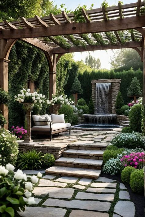 Backyard escape with fountain and reading nook Uneven Backyard Ideas, Hardscaping Ideas, Outdoor Fire Pit Area, Backyard Escape, Outdoor Wall Fountains, Patio Fountain, Yard Remodel, Big Porch, Courtyard Ideas