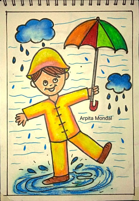 By Arpita Mondal Sketch Colour Art, Rainy Day Drawing For Kids, Rainy Day Drawing Easy, Rainy Day Drawing, Basic Drawing For Kids, Drawing Pictures For Kids, Oil Pastel Drawings Easy, Easy Art For Kids, Easy Drawings For Beginners