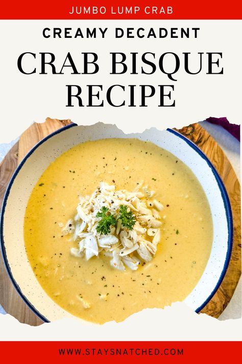 This Creamy Crab Bisque recipe is made with lump crab meat, vegetables, cream, and the best combination of herbs and spices. The ingredients are simmered together to create a rich and indulgent soup that is then pureed to create a smooth and silky texture everyone will love. Crab Bisque Recipe With Sherry, Crab Bisque Recipe Easy, Crab Bisque Soup, Crab Bisque Recipe Best, She Crab Bisque Recipe, Crab Soup Recipe, Crab And Shrimp Seafood Bisque, Salmon Bisque Recipe, Crab Bisque Recipe