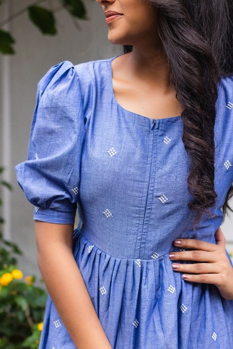 Rs.2400
Denim feel cotton dress with puffed sleeve. 

Model in the picture is wearing size S and length of the dress is 46 inches. Feeding Dresses Indian Style, Maternity Feeding Dress Pattern, Feeding Kurta Designs, Feeding Party Wear Dress, Kurthis Models For Stitching Cotton, Maternity Cotton Dress, Feeding Tops Ideas, Cotton Dress Models For Stitching, Sleeves Design For Frocks