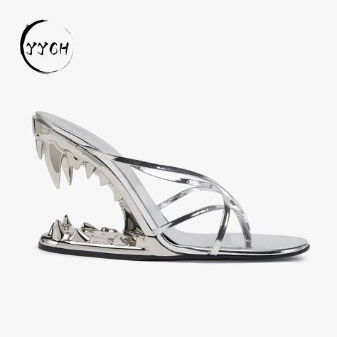 Newest design luxury shoes for women peculiar tiger teeth wedge high heel open toe hollow cross strap slipper| | - AliExpress Tiger Teeth, Tiger Tooth, Wolf Teeth, High Heel Wedges, Silver Heels, Design Luxury, Cross Straps, Luxury Shoes, News Design