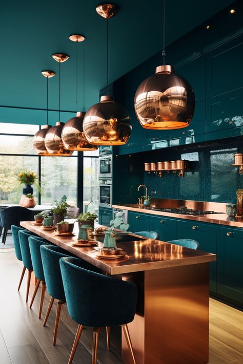 Copper In Interior Design, Kitchen By The Sea, Kitchen Decor Ideas Themes, Kitchen Inspo Color Schemes, Luxury Kitchen Dining Room, Blue House Interior, Dark Teal Kitchen, Copper Interior Design, Teal Cabinets