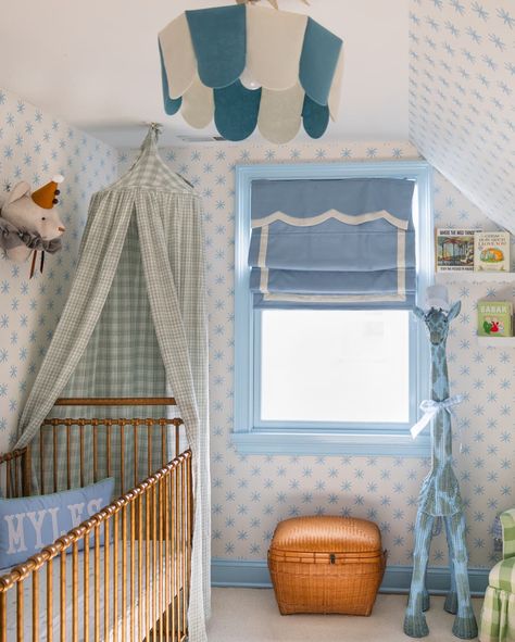 Roman curtains in blue and white themed baby nursery. Themed Baby Nursery, Blue Star Wallpaper, Billy Hack, Ikea Billy Hack, Magical Nursery, Whimsical Wallpaper, 90s Bedroom, Nursery Makeover, Slanted Walls