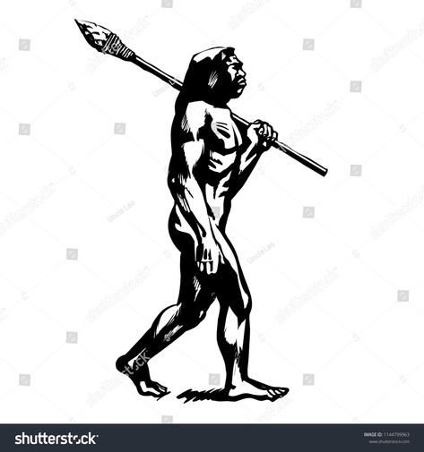 Caveman walking with stone spear. Black and white sketch of Neanderthal. Vector illustration of primitive man isolated on white background. #Ad , #Ad, #Black#white#sketch#spear Caveman Tattoo, Caveman Drawing, Stone Spear, Forarm Tattoos, Merch Ideas, Black And White Sketches, Black Bucket, Drawing Cartoon, Background Black