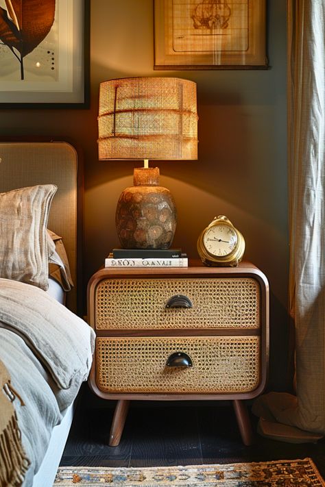 Want to make a bold statement in your bedroom? This boho nightstand stands out beautifully against dark walls, illuminated by a warm, glowing lamp. It creates the perfect cozy nook for unwinding after a long day. I can almost feel the calm this space brings! Explore this idea to create your own relaxing retreat. Nightstand Inspiration, Boho Nightstand, Nightstand Ideas, Glow Lamp, Bedroom Aesthetics, Dark Walls, The Calm, Cozy Nook, Nook