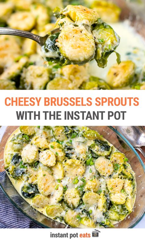 Cheesy Brussels Sprouts (Instant Pot + Oven) Instant Pot Side Recipes, Easy Instant Pot Side Dishes, Instant Pot Thanksgiving, Insta Pot Thanksgiving Sides, Insta Pot Brussel Sprout Recipes, Instant Pot Sides, Livy Method Recipes, Instapot Brussels Sprouts, Brussels Sprouts Instant Pot