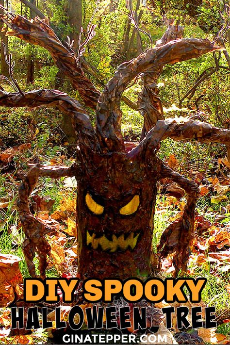 Haunted Trees Diy, How To Make Spooky Trees For Halloween, Halloween Tree Diy How To Make, Tree Stump Halloween Ideas, Diy Spooky Tree Outdoor, Scary Trees Halloween, Spooky Trees For Halloween, Diy Spooky Tree, Spooky Halloween Tree