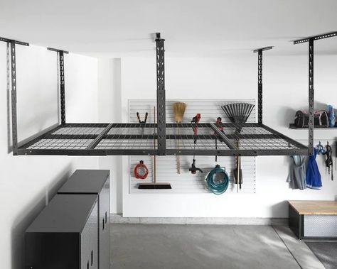 Ceiling Storage Rack, Overhead Storage Rack, Garage Ceiling Storage, Garage Storage Inspiration, Storage Shed Kits, Garage Ceiling, Overhead Garage Storage, Diy Storage Shed, Garage Storage Racks