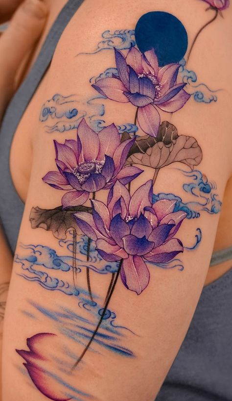 Lotus And Lily Pad Tattoo, Purple And Black Tattoo, Orchid Forearm Tattoo, Purple Ink Tattoos, Lotus Shoulder Tattoos For Women, Pink Hibiscus Tattoo, Colour Flower Tattoo, Water Lily Flower Tattoo, Colorful Tattoo Ideas