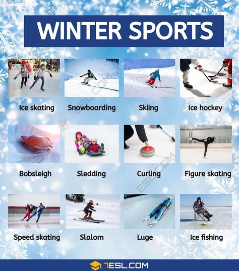 Winter Sports Hoodie For Winter Season, Types Of Sports, Winter Sports Preschool Activities, Winter Vocabulary, Sport Vocabulary, List Of Sports, Sport English, Alphabet Activities Kindergarten, Weather Vocabulary