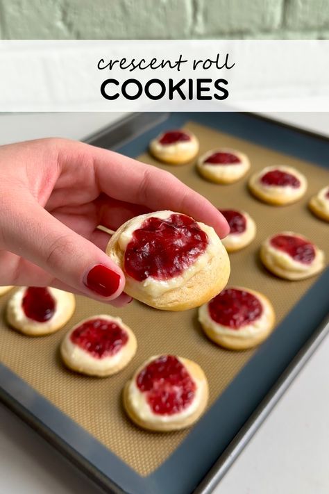 Turn your kitchen into a five-star bakery with these amazingly flakey and buttery raspberry cheese crescent roll cookies! They’re simple to make and a crowd-pleasing treat! Your guests will think you made these simple cookies completely from scratch… or bought them from a specialty bakery. No one needs to know the recipe calls for store-bought crescent roll dough! Crescent Roll Cookies Recipes, Toddler Crescent Roll Recipes, Roll Cookies Recipes, Crescent Roll Cookies, Easy Crescent Rolls, Cream Cheese Spread, Cheese Crescent Rolls, Simple Cookies, Roll Cookies