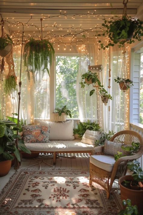 Fairy Cottage Home Decor, Hanging Plants Sunroom, Fairy Lights Porch, Sun Room Small Apartment, Fairy Cottage House Interior, Whimsical Home Office, Screened In Porch Decorating Ideas Boho, Fairy Interior Design, Florida Room Ideas