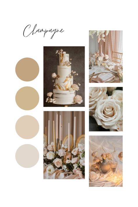 Champagne wedding table with gold and ivory decor. Wedding Colors Gold Champagne, Champagne Gold Ivory Wedding, Blush Neutral Wedding, Elegant Wedding Colours, Champagne Neutral Wedding, Winter Wedding Champagne Color, Wedding Themes Champagne, Champagne Palette Wedding, Wedding Color Schemes Spring 2025