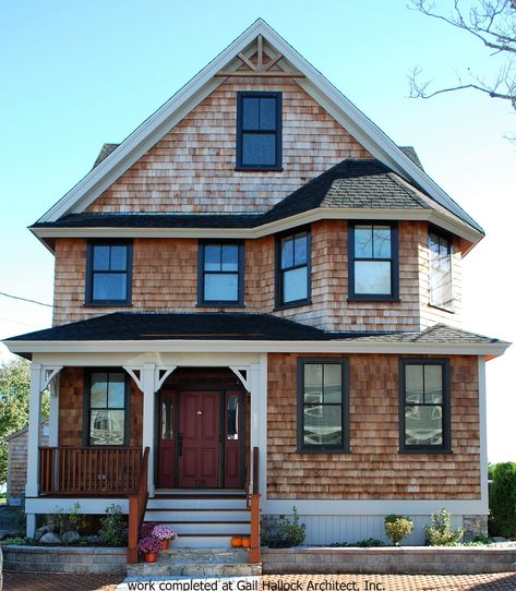 Coastal New England Home | Red Cedar Shingles | Black Pella Windows | Waterfront Home | Coastal Home Design Shingled Houses Exterior Cedar Shakes, Cedar Shake Beach House, Cape Cod Cedar Shake, Craftsman With Cedar Shakes, New England Cedar Shake Homes, Coastal New England Home, Buying First Home, Pella Windows, Wood Shingles