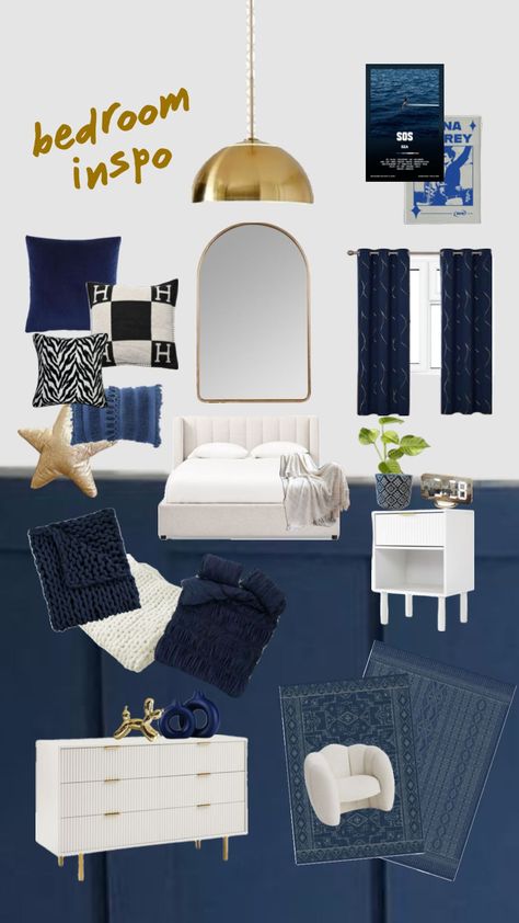 Bedroom Decor Navy, Navy Room Decor, Dark Blue Rooms, Blue And Gold Bedroom, Refresh Home, Blue Room Decor, Autumn Photos, Gold Bedroom Decor, Blue Bedroom Decor