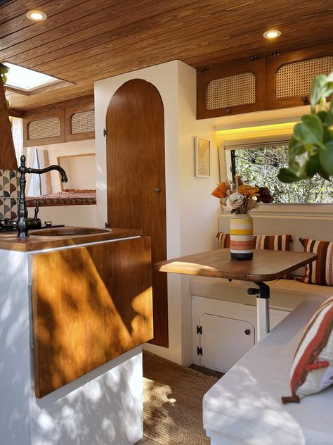 Camper Van Murphy Bed, Camper Van Layout, Campervan Layout, Micro Van, Hidden Shower, Campervan Kitchen, Caravan Living, Toyota Dolphin, Mercedes Sprinter Camper