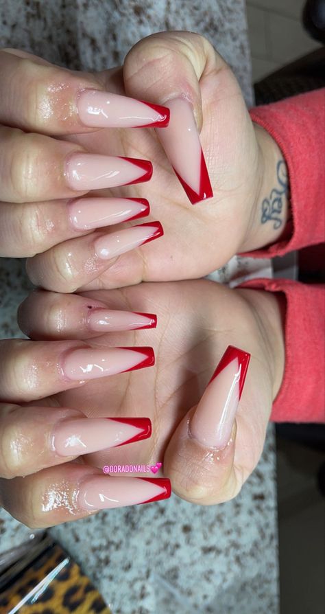 Red Gel Nails Coffin Medium, Red Baddie Nails Medium Length, Prom Nails That Go With A Red Dress, Red Tip Coffin, Red Prom Nails Acrylic Coffin, Dark Red Coffin Nail Ideas, Red Acrylic Nails Medium Length, Red V Tip Nails, Nude And Red Acrylic Nails