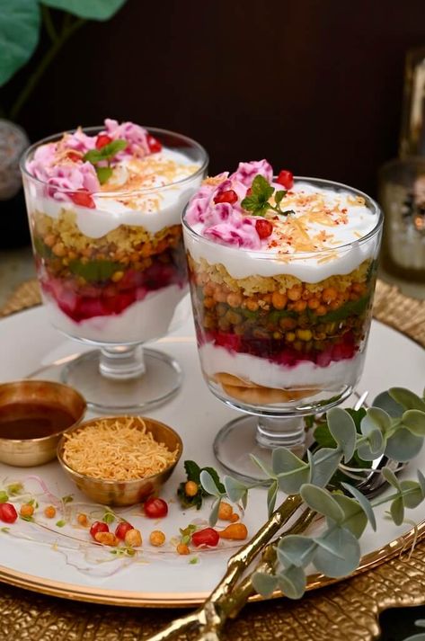 7 Layer Dahi Chaat – Naturally Nidhi Dahi Chaat, Grilled Fruit Dessert, Spicy Snacks Recipes, Pani Puri, Breakfast Recipes Indian, Grilled Fruit, Vegetarian Fast Food, Chaat Recipe, Indian Cooking Recipes