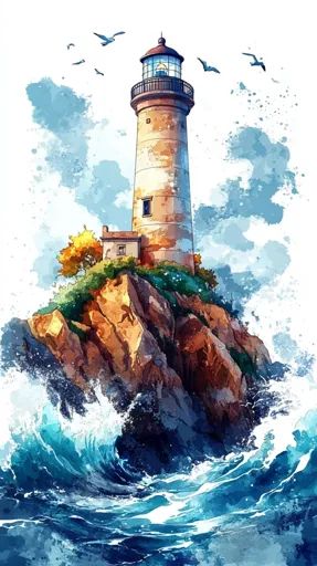 ↑↑↑ Larger size on website 🔸 A tall, stone lighthouse stands on a rocky cliff overlooking the churning ocean. Waves crash against Lighthouse Waves, Rocky Cliff, Image Prompts, Seagulls Flying, Turquoise Water, Image Generator, Ocean Waves, Soft Colors, Lighthouse