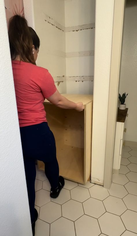 Bathroom Open Shelving Turned Built-In Linen Cabinet Linen Closet Turned Built In, Open Shelving Towel Storage, Built In Bathroom Linen Closet, Bathroom Linen Closet With Hamper, Tiny Bathroom Closet Ideas, Deep Bathroom Shelves, Linen Closet In Hallway, Bathroom Storage Nook, Hamper In Linen Closet