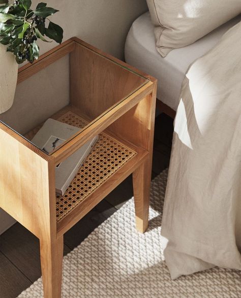 Square Bedside Table, Rattan Shelf, Ikea Stool, Teenager Room, Japanese Bed, Rattan Headboard, Natural Furniture, Side Table Decor, Wooden Bedside Table