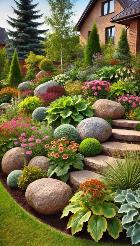 15+ Gorgeous Boulder Landscaping Ideas for Ultimate Curb Appeal 48 Boulder Landscaping Ideas, Boulder Landscaping, Wedding Dresses Garden, Fence Gardening, Boulder Garden, Gardening Tips And Tricks, Front Yards Curb Appeal, Garden Pond Design, Gardens Ideas