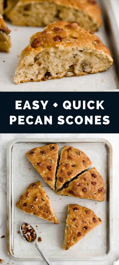 This homemade pecan scones recipe is easy to make — you only need 30 minutes! They’re really soft & moist from yogurt (NO heavy cream!) with chopped pecans throughout. I used a special (but common!) ingredient to give them that bakery-style scone flavor. You probably have it too! A simple, fun & delicious breakfast treat! ♡ pecan scones recipe easy. healthy scones recipe clean eating. egg free scones. healthy scones low calorie. scones recipe no heavy cream. healthy scones recipe greek yogurt. Low Calorie Scones, Greek Yogurt Scones Easy Recipes, Yogurt Scones Recipe, Healthy Scones, Scones Recipe Easy, Homemade Scones, Sugar Free Maple Syrup, Scones Easy, Greek Yogurt Recipes