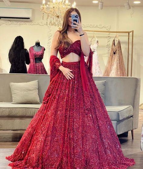 SurabhiChopraLabel on Instagram: "Christmas came early this year with our newest launch 🥰🥰 ‘Valentine’ 🌹 Shop Now ✨ . . #surabhichopra #bridallehenga #bridetobe #bride #weddingoutfit#bridesmaids #indianbride#indianwedding#bridalmakeup #fun#weddinglook#bride#muslimbride#indianbridallook#weddingshoot#desibride#reels#eyemakeup#dressyourfacelive#homewedding#indianbride#highlighter#wedmegood#weddingsutra#beautyscoopindia" Dori Work, Lengha Choli, Designer Lehenga, Wedding Lehenga, Lehenga Choli, Lehenga, Party Wear, Red