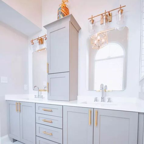 Gold Hardware Bathroom, Taupe Bathroom, Light Grey Bathrooms, Grey Bathroom Cabinets, Master Bath Renovation, Light Gray Cabinets, White Bathroom Cabinets, Silver Bathroom, Grey Bathroom Vanity