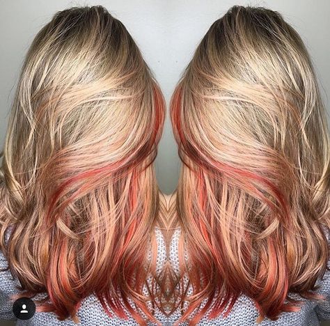 Blonde with peekaboo red. Dark Blonde Peekaboo Highlights, Blonde Balayage With Red Peekaboo, Blonde Hair With Peekaboo Color Fun, Blonde Hair With Color Peekaboos Fall, Blonde Hair With Red Peekaboos, Blonde With A Pop Of Color, Fall Peekaboo Hair, Red Peekaboo Hair Blonde, Red Underdye Hair Blonde