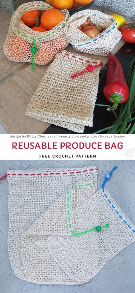 Reusable Crochet Bag, Crochet Fruit Net Pattern, Crochet Reusable Produce Bag, Crocheted Produce Bag, Crochet Reusable Bag, Reusable Diy Projects, Crochet Survival Gear, Crochet Garlic Bag, Free Crochet Patterns Functional