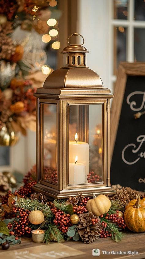 40 Inspiring Fall and Thanksgiving Lantern Decor Ideas You Can DIY - The Garden Style Thanksgiving Lantern, Lantern Decor Ideas, Seasonal Centerpieces, Boho Lanterns, String Lights Inside, Lantern With Fairy Lights, Farmhouse Lantern, Lantern Decor, Mason Jar Lanterns