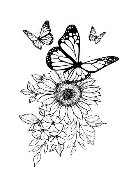 Daisy And Butterfly Tattoo For Women, Daisy Butterfly Tattoo Designs, Sunflower Butterfly Tattoo Design, Butterfly And Sunflower Tattoo Designs, African Daisy Tattoo, Sunflower Tattoo Sketch, Daisy And Butterfly Tattoo, Sunflower With Butterfly Tattoo, Butterfly And Sunflower Tattoo